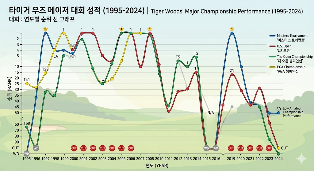 82승의 골프 황제 타이거 우즈 프로필 & TGL 근황 수상 재산 클럽 작품활동 골프 황제 타이거 우즈 메이저 대회 15승 그래프