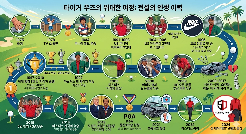 82승의 골프 황제 타이거 우즈 프로필 & TGL 근황 수상 재산 클럽 작품활동 타이거 우즈 골프 황제의 인생 여정